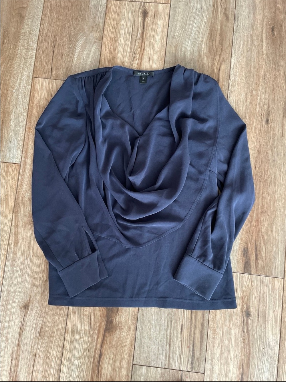 St. John Navy Silk-Blend Cowl Neck Long Sleeve Top